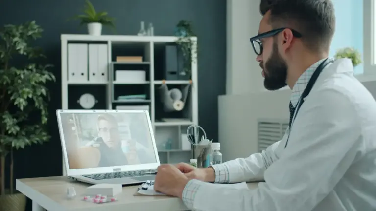 Benefícios mais valorizados: imagem de um médico realizando consulta por teleatendimento
