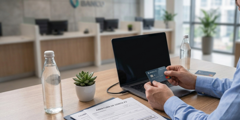 Empresário segurando cartão de crédito empresarial ao lado de notebook e documento de abertura de conta PJ em um banco.