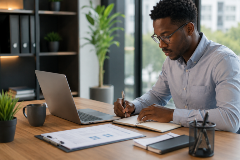 Empreendedor analisando documentos e utilizando notebook em escritório moderno durante o processo de abertura de empresa e definição de endereço comercial para registro do CNPJ.