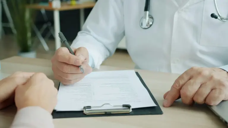 Médico preenchendo formulário durante consulta para avaliação e documentação clínica