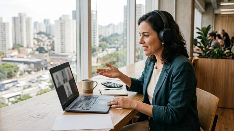 Consultora em videochamada com cliente de outra cidade, no escritório virtual, explicando a nota fiscal com os novos tributos.