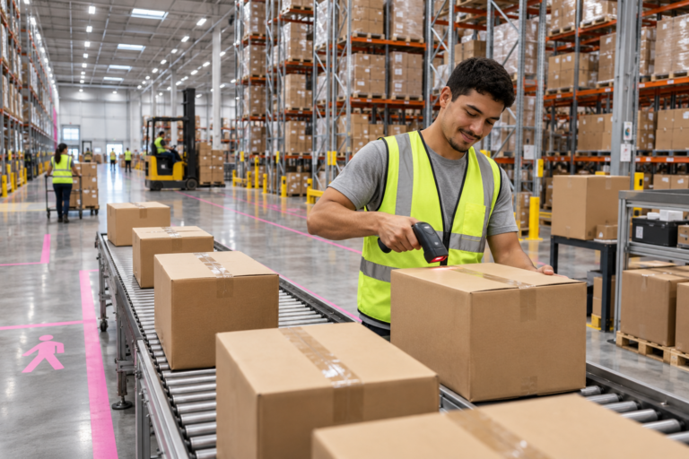 Homem empacotando caixas em grande centro de distribuição Amazon
