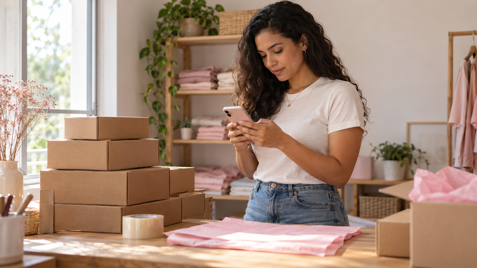 Empreendedora conferindo o celular ao lado de caixas de pedidos prontas para envio