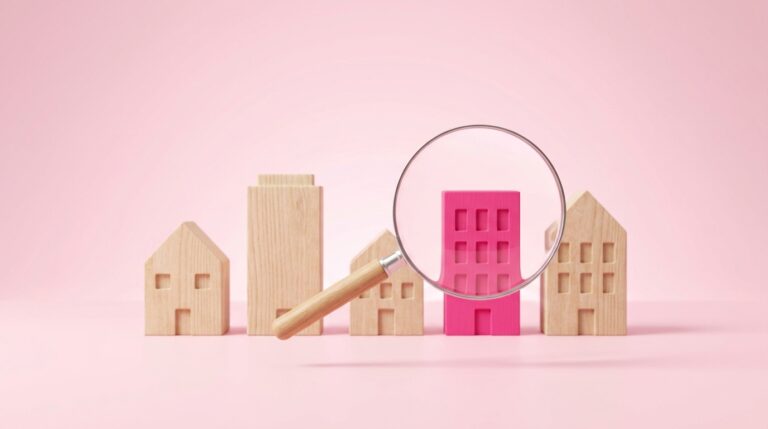 Lupa destacando um prédio rosa entre pequenos modelos de casas e prédios, representando a busca do CNPJ de uma empresa