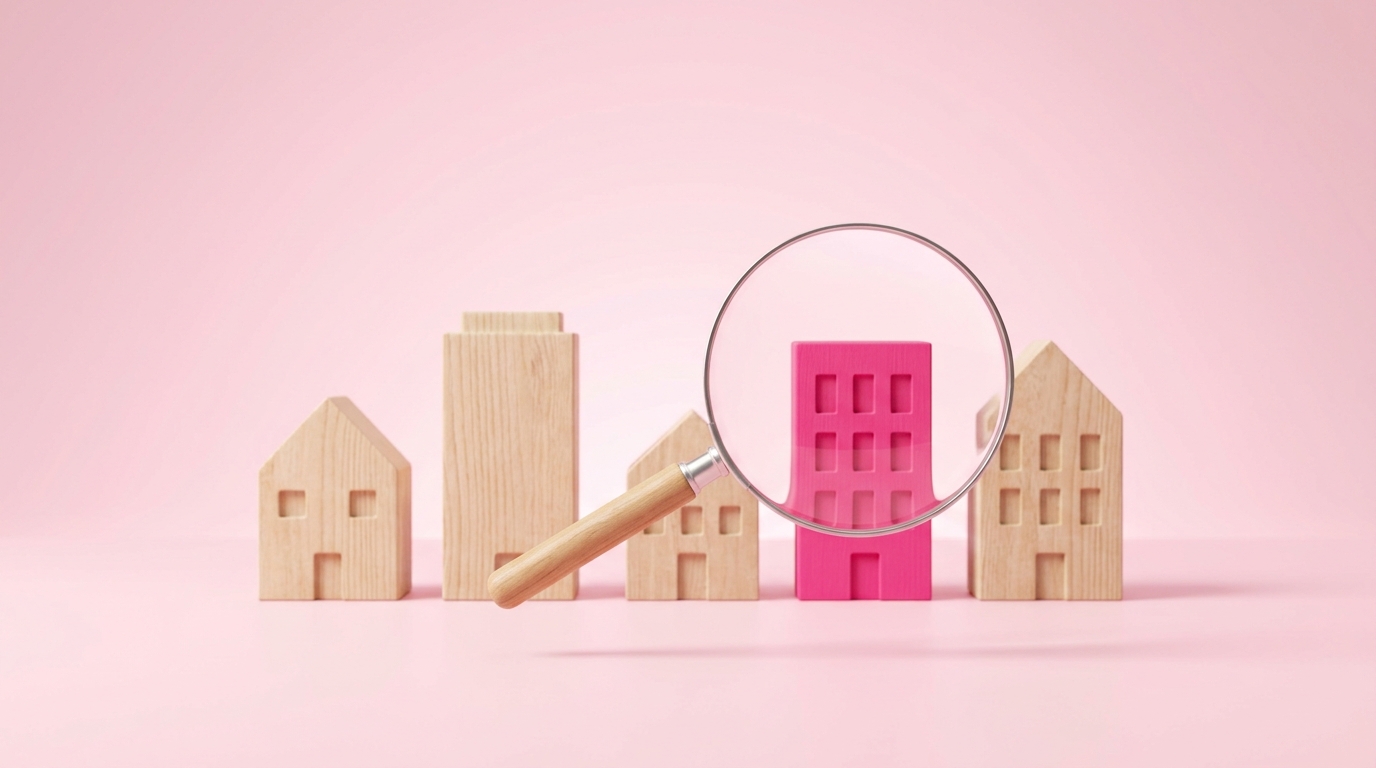 Lupa destacando um prédio rosa entre pequenos modelos de casas e prédios, representando a busca do CNPJ de uma empresa