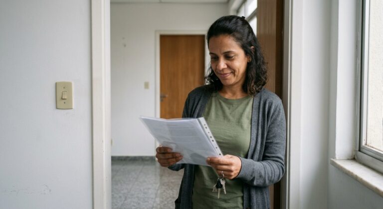 Empreendedora confere a documentação de um imóvel comercial em São Paulo antes de instalar a empresa
