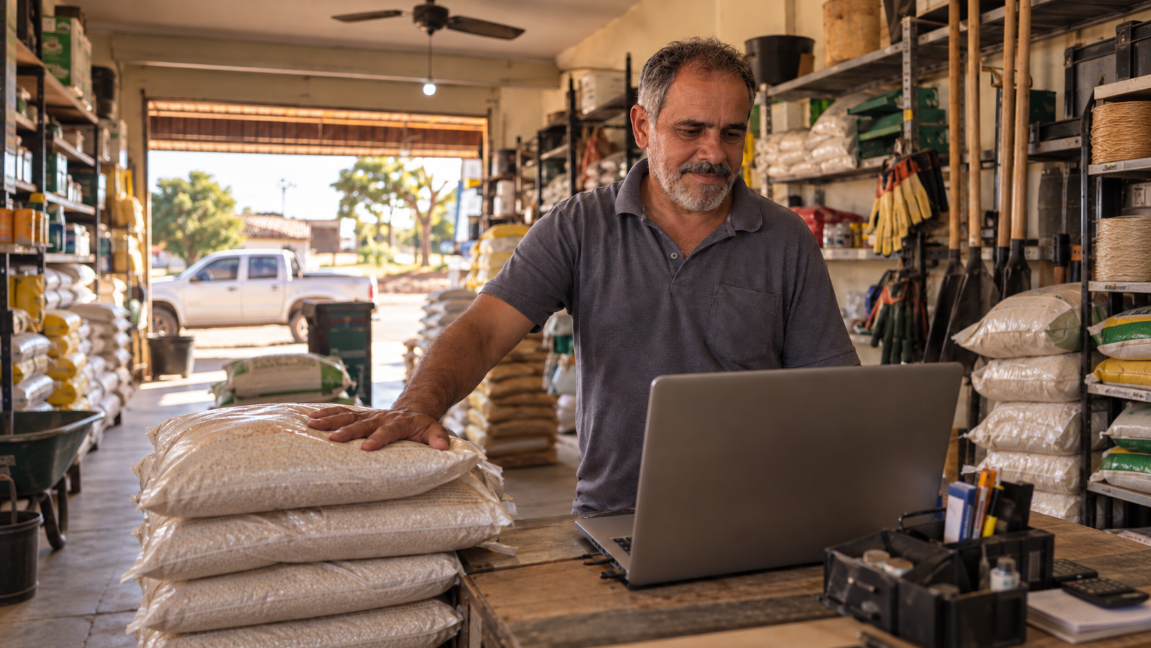 Dono de loja de produtos agropecuários consulta a Inscrição Estadual da empresa no notebook, em Mato Grosso