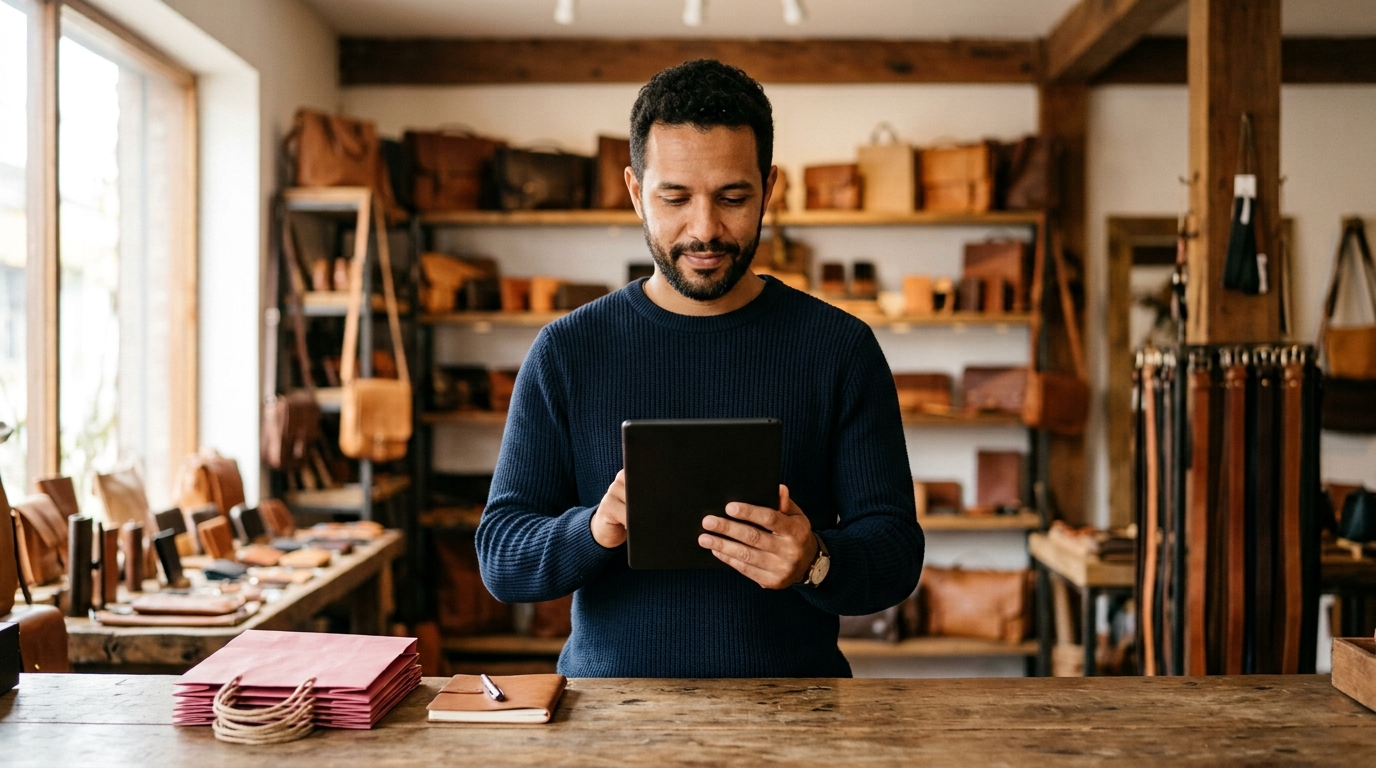 Lojista conferindo um tablet atrás do balcão de uma pequena loja, representando a consulta da Inscrição Estadual no Rio Grande do Sul