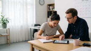 Contador mostra tablet para empreendedora em reunião de escritório simples, com calendário marcado ao fundo