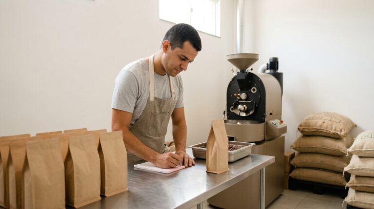 Dono de uma pequena torrefação de café confere os pacotes da produção em meio aos sacos de grãos