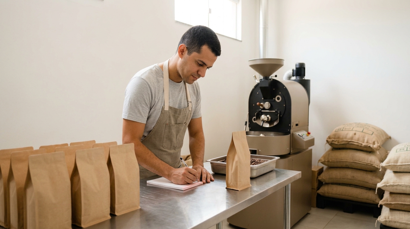 Dono de uma pequena torrefação de café confere os pacotes da produção em meio aos sacos de grãos