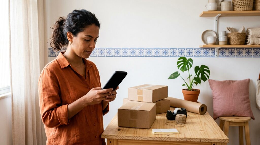 Empreendedora confere a Inscrição Estadual da sua loja no celular, ao lado de caixas prontas para envio
