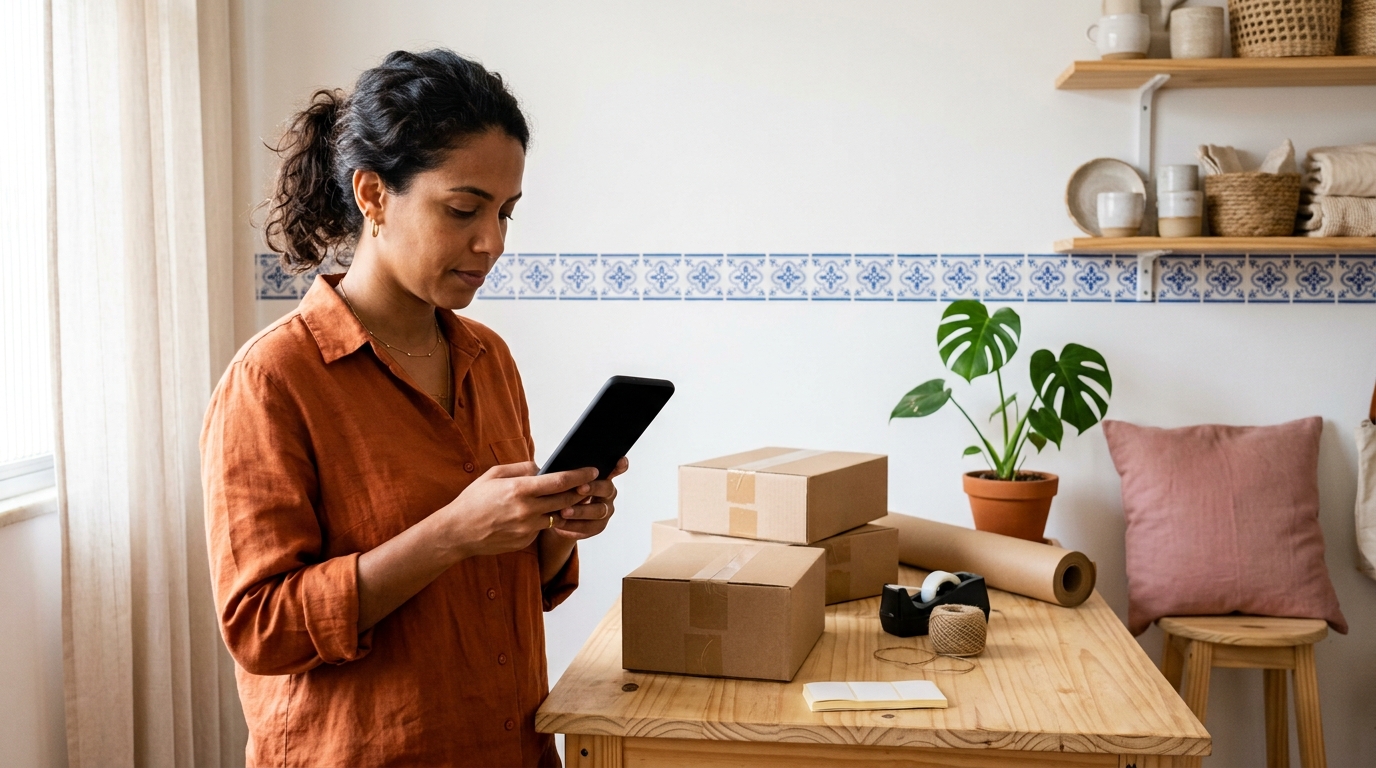 Empreendedora confere a Inscrição Estadual da sua loja no celular, ao lado de caixas prontas para envio